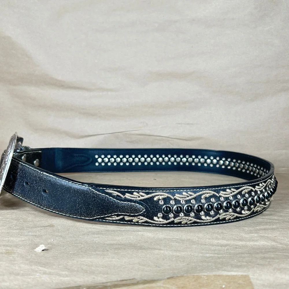 Nocona Belt Mens M Black Distressed Leather Embroidered Studded Engraved Buckle